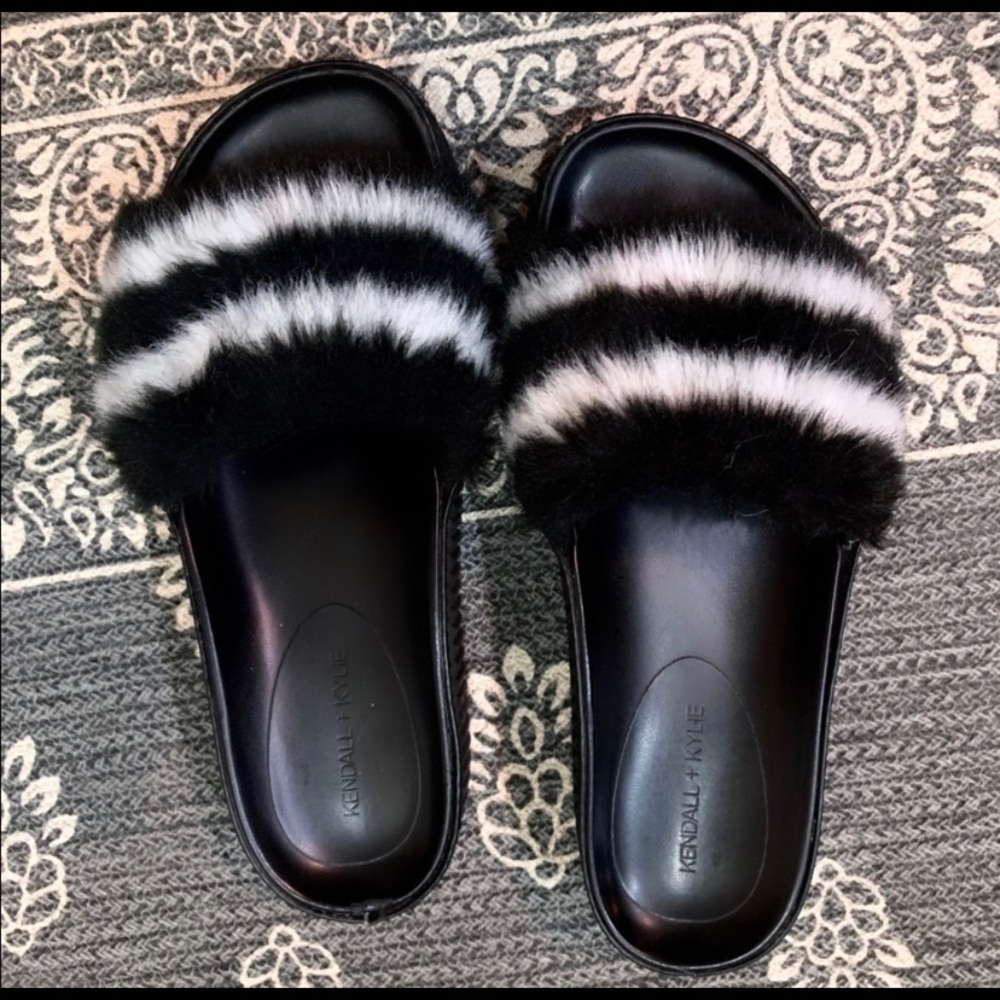 Fluffy black and white sandals